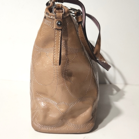 Coach Signature Stitch Patent Leather Tan with Lavender Large Tote Bag - Picture 10 of 16